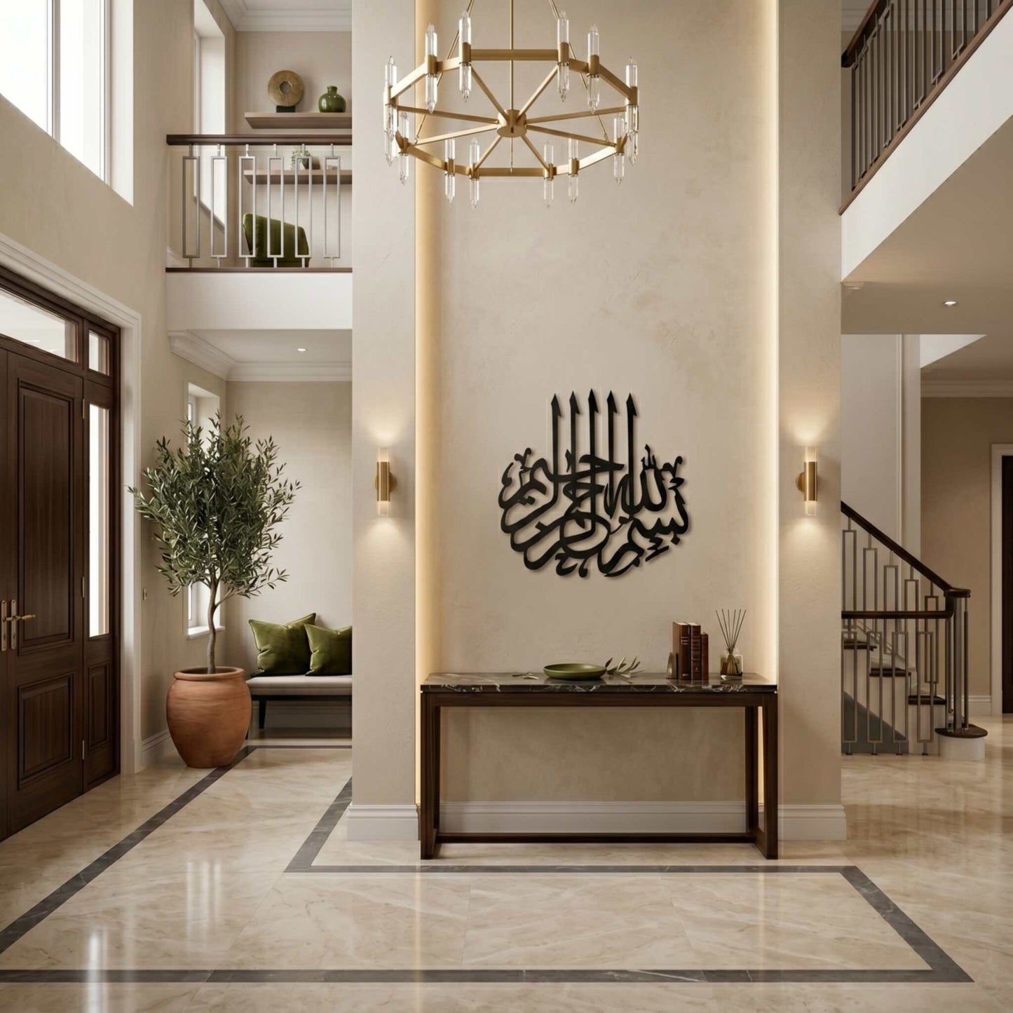 26. Bismillah Calligraphy Metal Wall Art – Flame Badge Design